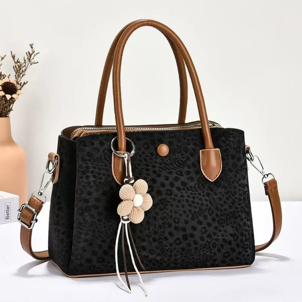 PU Leopard Print Shoulder Bag Multi Layer Large Capacity Crossbody Bag with Pendant Textured Look Women's Handbag