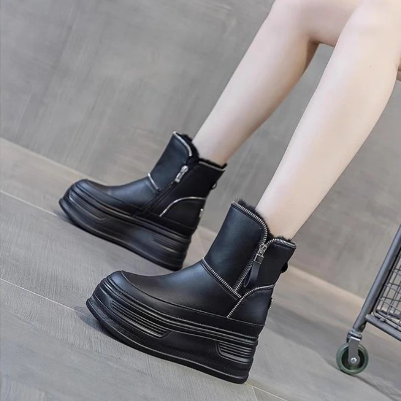 2024 New Winter Frosted Cowhide Snow Boots Flat Platform Elevated Shoes Women Boots Non-slip Casual Warm Cotton Boots