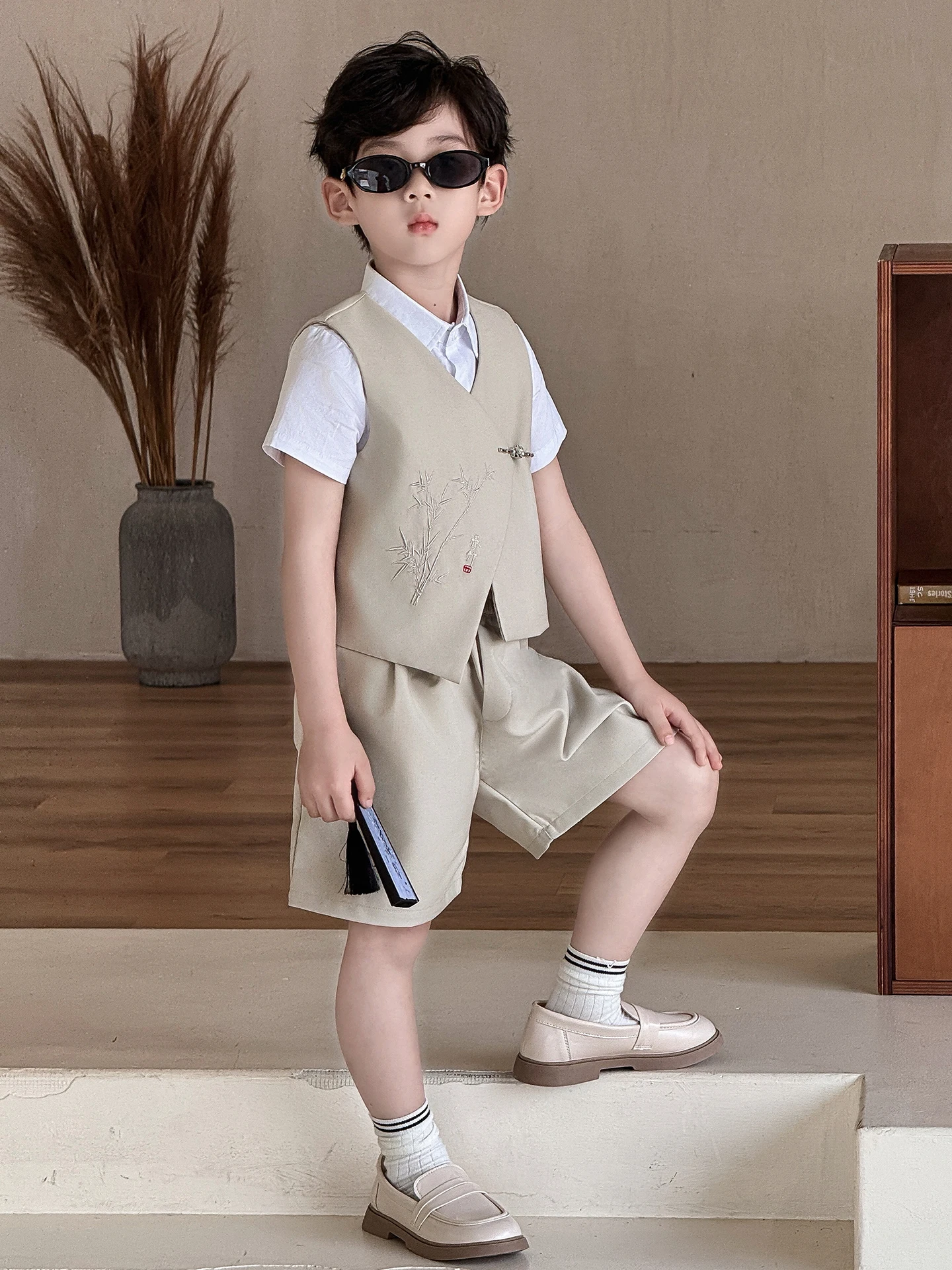 new-2026-summer-boys'-chinese-style-suit-set-national-trend-host-costume-children's-formal-wear-short-sleeve-tailored-look