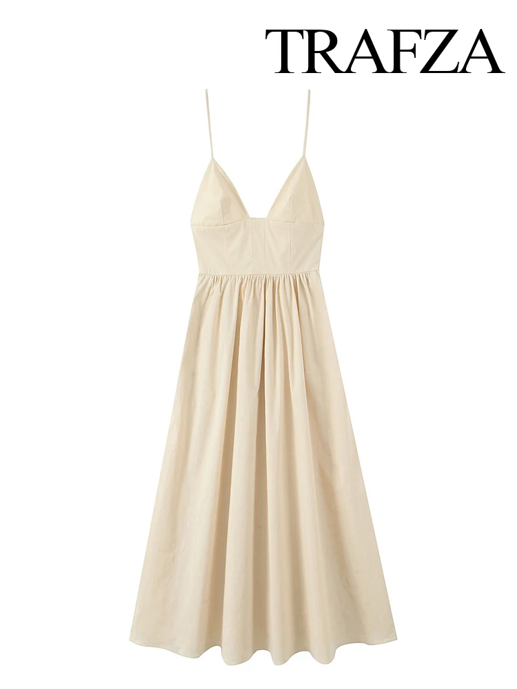 

TRAFZA 2025 Woman Summer Backless Side Zipper Pleated Decorate Elegant Midi Dress Women's Fashion Sleeveless Beige Party Dresses