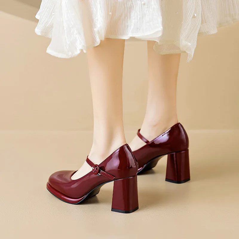 African Woman Shoe Chunky Sandals Shallow Mouth Casual Heels Branded Pumps Mary Jane 2024 Square Toe Burgundy Block Retro Spring