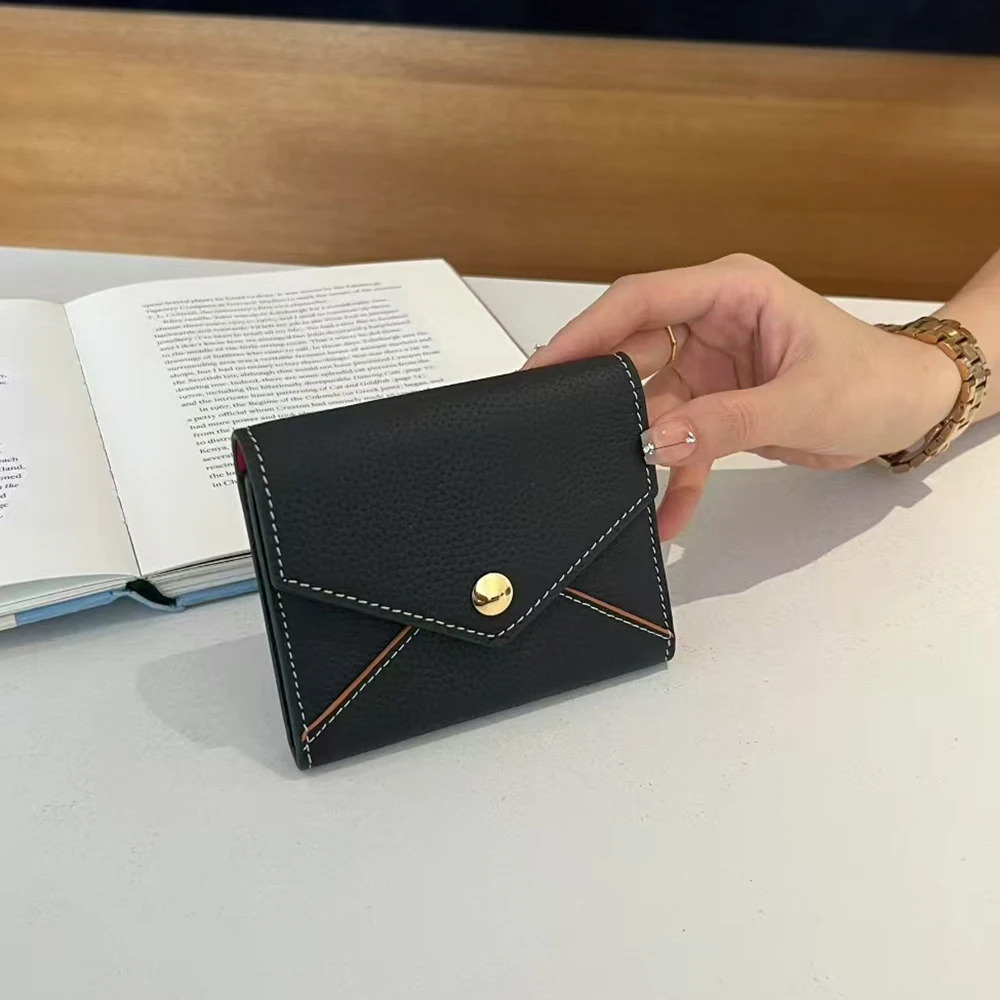Luxury Genuine Leather Woman's Short  Wallets Custom Name Portable Envelope Credit Card Holder Personalize Letters Small Purse