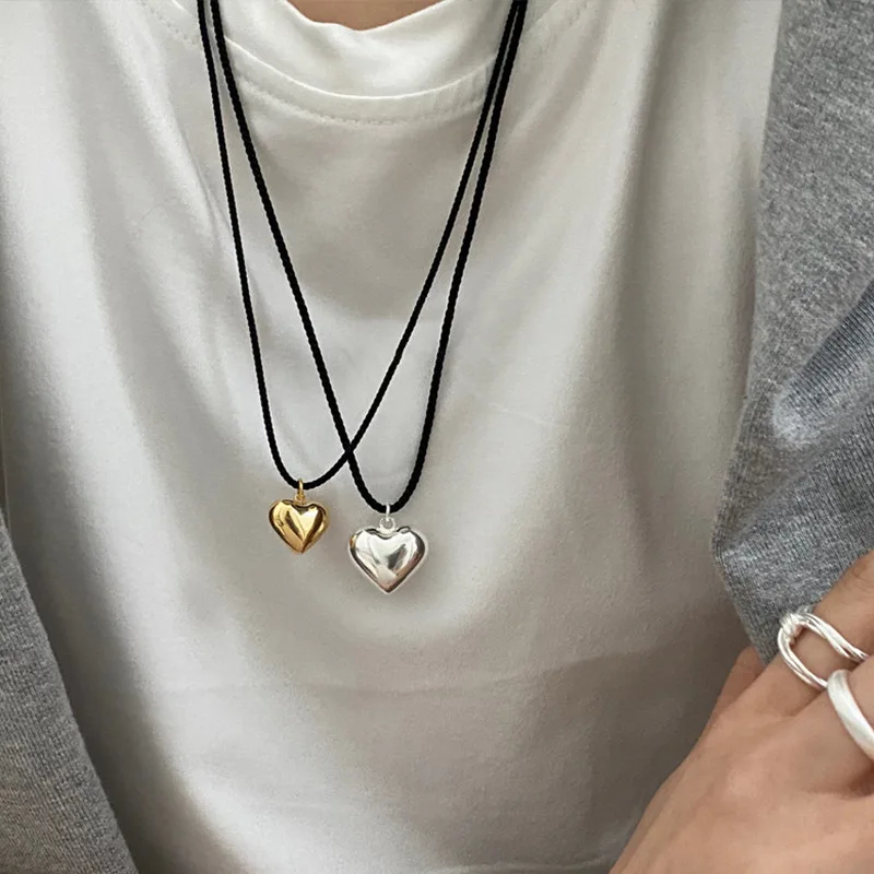 Long Rope Metal Love Heart Pendant Necklace for Female Korean Retro Simple Jewelry Accessories for Women