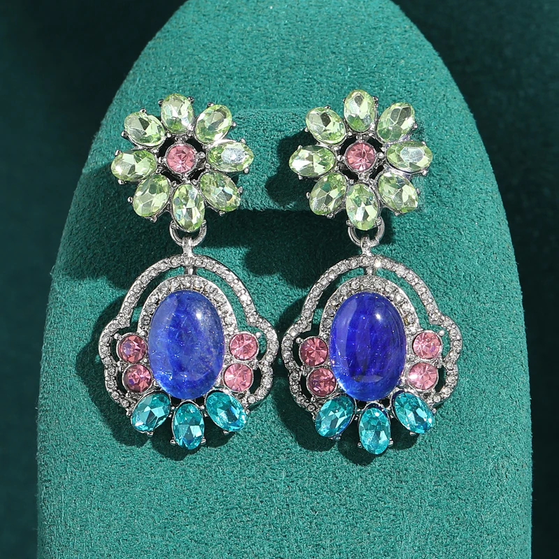 

Vintage Green Crystal Dangle Earrings Blue Flower Luxury Designer Rhinestone Silver Color Accessories Wedding Jewelry Trend 2026