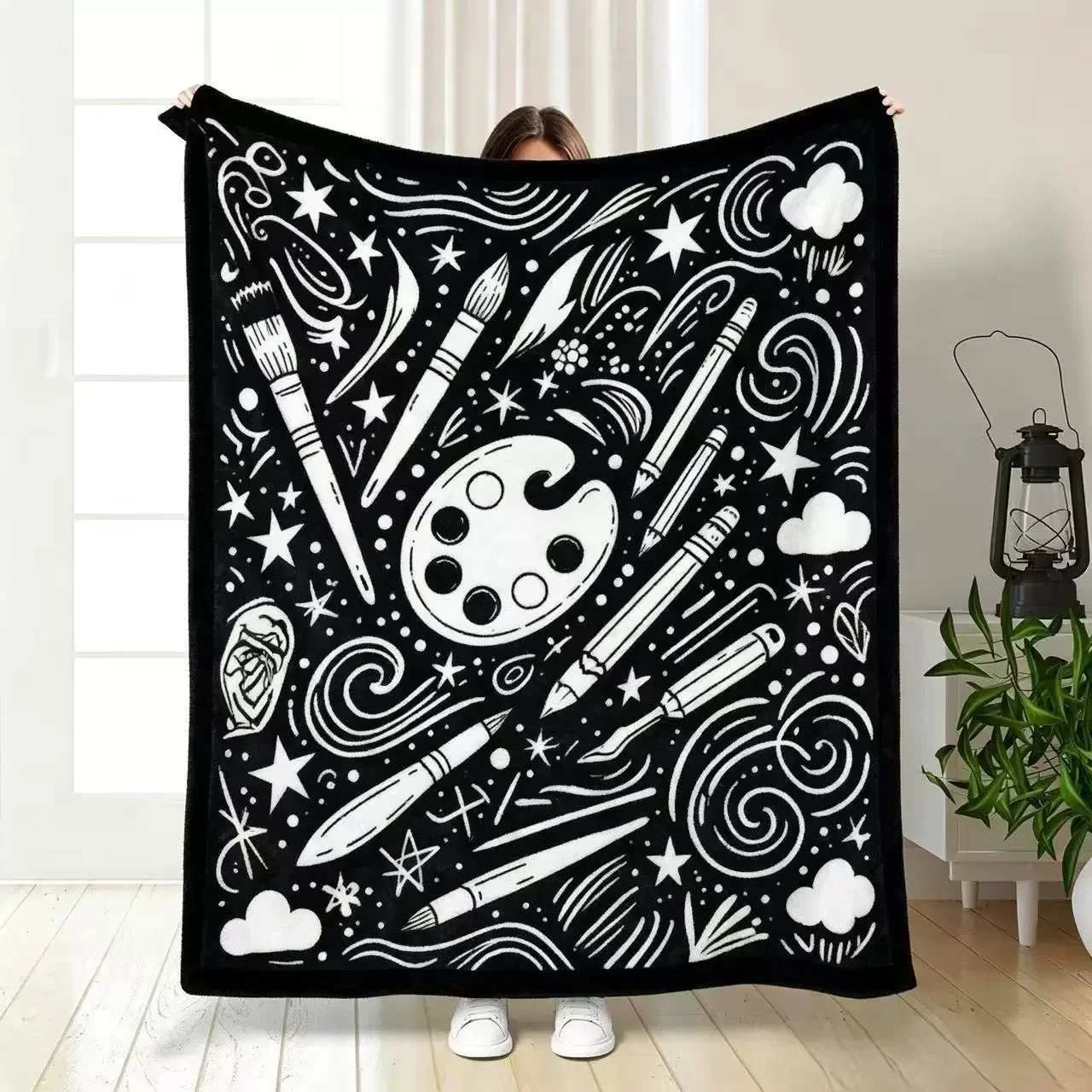Black White Musical Note DIY blanket Cozy Warm Fleece Blanket Guitar Microphone Headphone Print Music Lover Bedroom Decoration