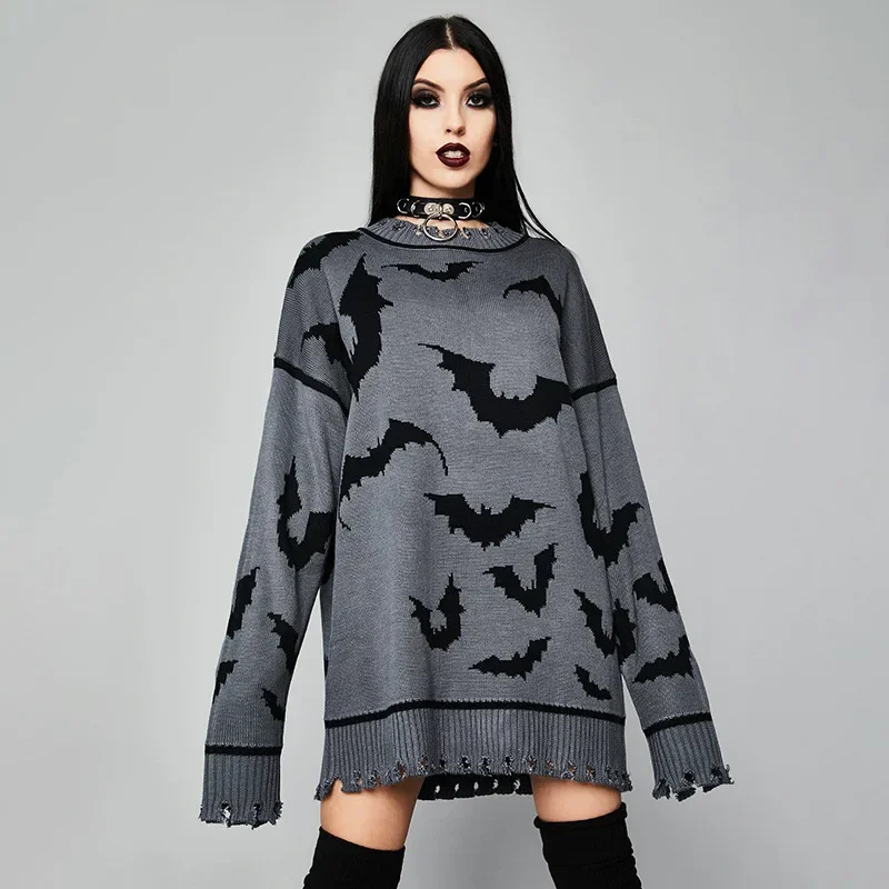 Woman Gothic Bat Knit Sweaters Vintage O-Neck Extended Sweaters 2023 Women Goth Black Grey Streetwear Dark Aesthetic Clothes