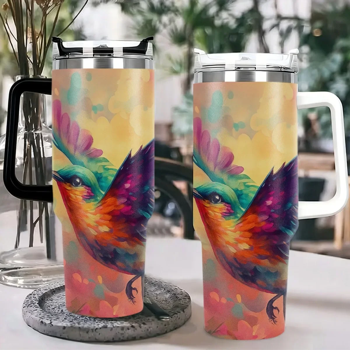 40oz Watercolor Hummingbird Floral Tumbler With Handle Straw Lid, Double Wall Vacuum Insulated Stainless Steel Travel Mug, Colorful Bird Flower Print Cup For Car Outdoor Pink handle out of stock. White will be sent by default upon order.