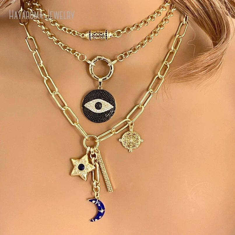 

10Pcs Multi-Charm Layering Necklace Blue Enamel Moon CZ Star Bar Compass Evil Eye Charm Jewelry Gift For Her