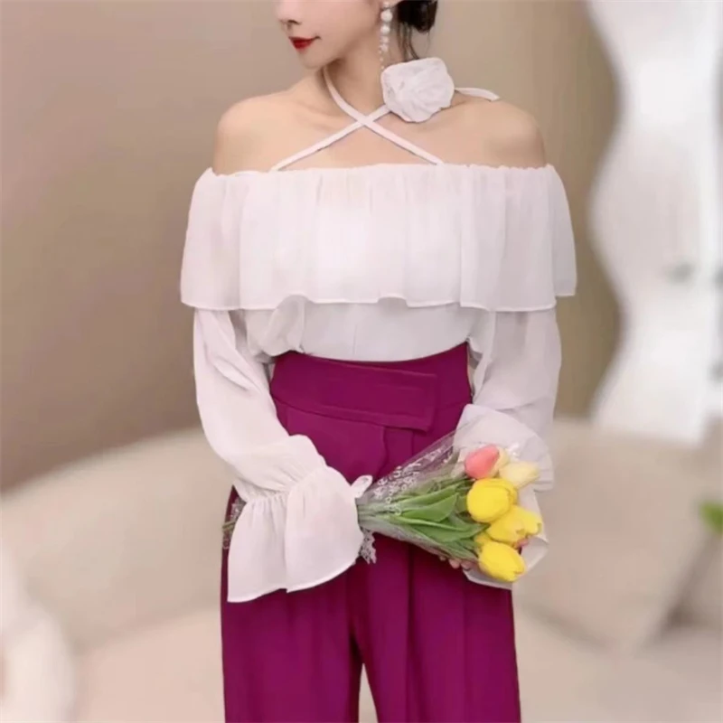 Women Sexy Off Shoulder 3D Flower Lace Up Ruffles Blouses Korean Fashion Sweet Chic Chiffon Shirts Long Sleeve Loose Fairy Tops