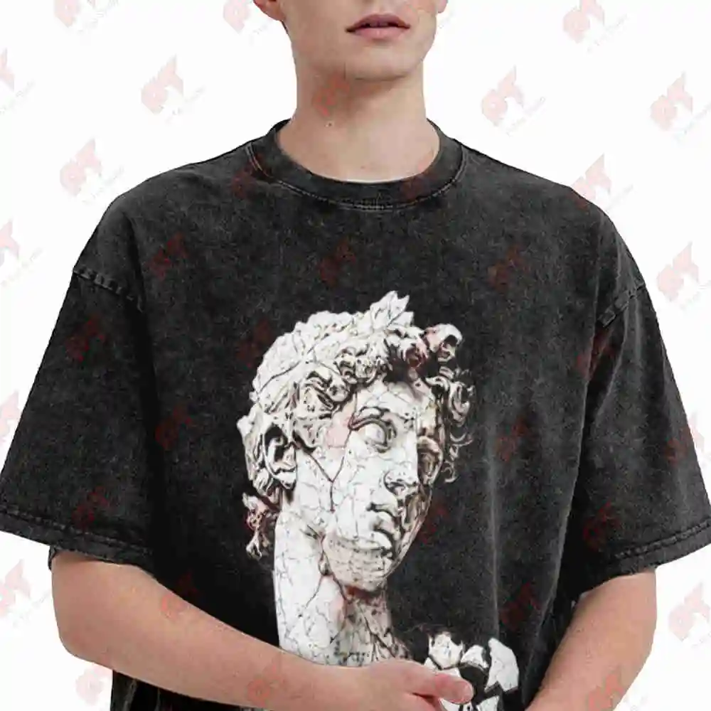 Classical Bust Illustration Marble Statue Art Vintage Washed Tee Pure Cotton T-Shirt