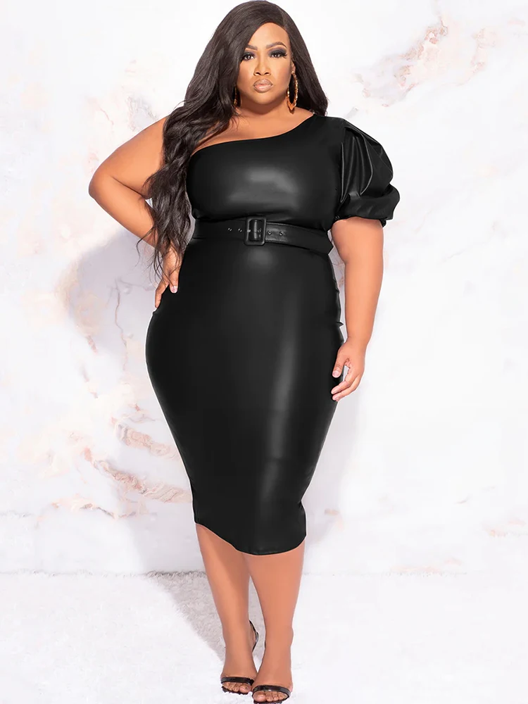 Plus Size donna abito in pelle opaca a una manica 9XL Stretch PU senza spalline abito longuette con orlo posteriore Split 6XL Ladies Bodycon Dress