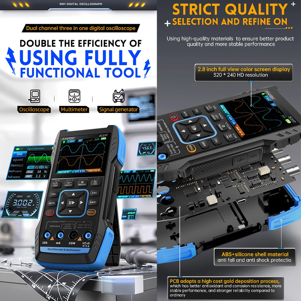 Imagem -05 - Fnirsi-osciloscópio Digital Portátil Multímetro Mais Função Gerador de Sinal 3in1 Dual Channel 10mhz x 50 ms s 2c23t