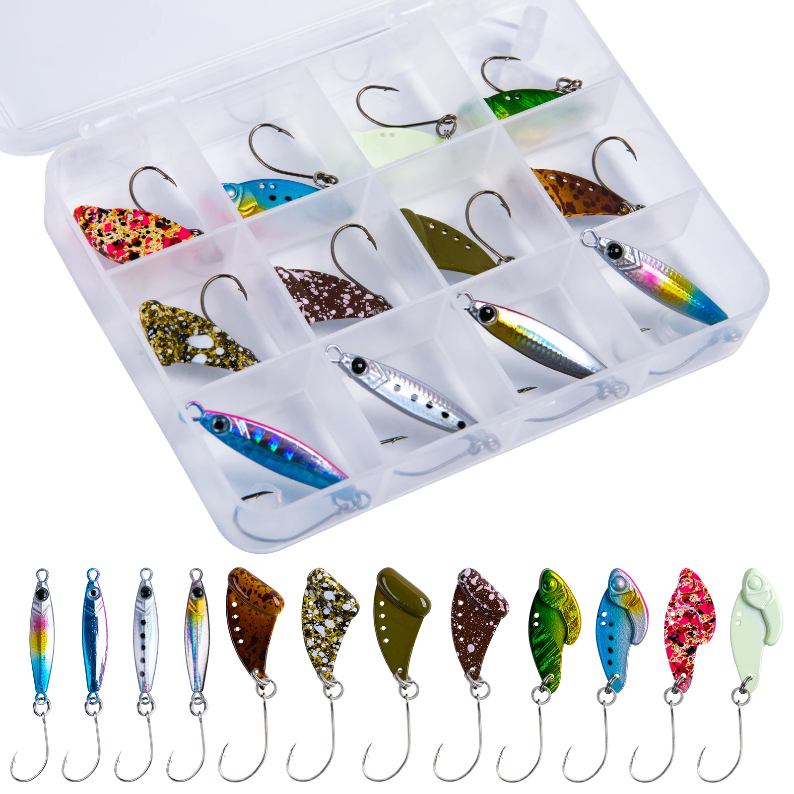 

Goture 12 шт./упаковка 2.5г 3.5г 4г Блесна-ложка с пайетками, металлическая приманка с одинарным крючком, спиннер, твердая приманка для ловли форели, баса, щуки зимой