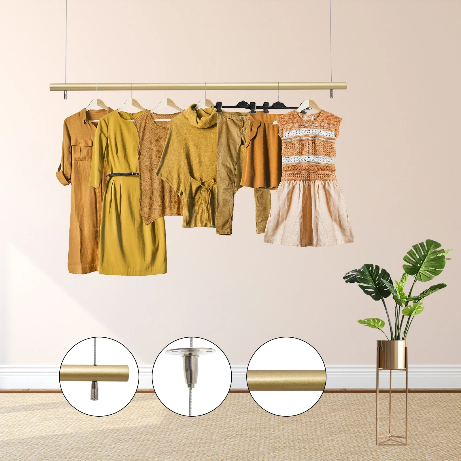 

Ceiling Mounted Clothing Rack, Adjustable Height Suspension Lines Garment Hanger Heavy Duty Metal Hanging Clothes Rod