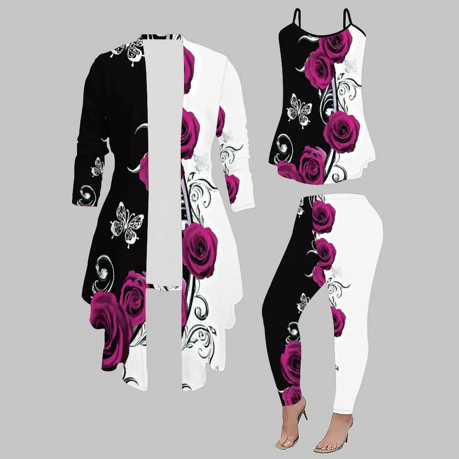 3pcs women's Slim Camisole Mid Sleeve Coat Printed Vestdaily streetwear Elegant Three Piece Set Sports Pants Jogging Pants