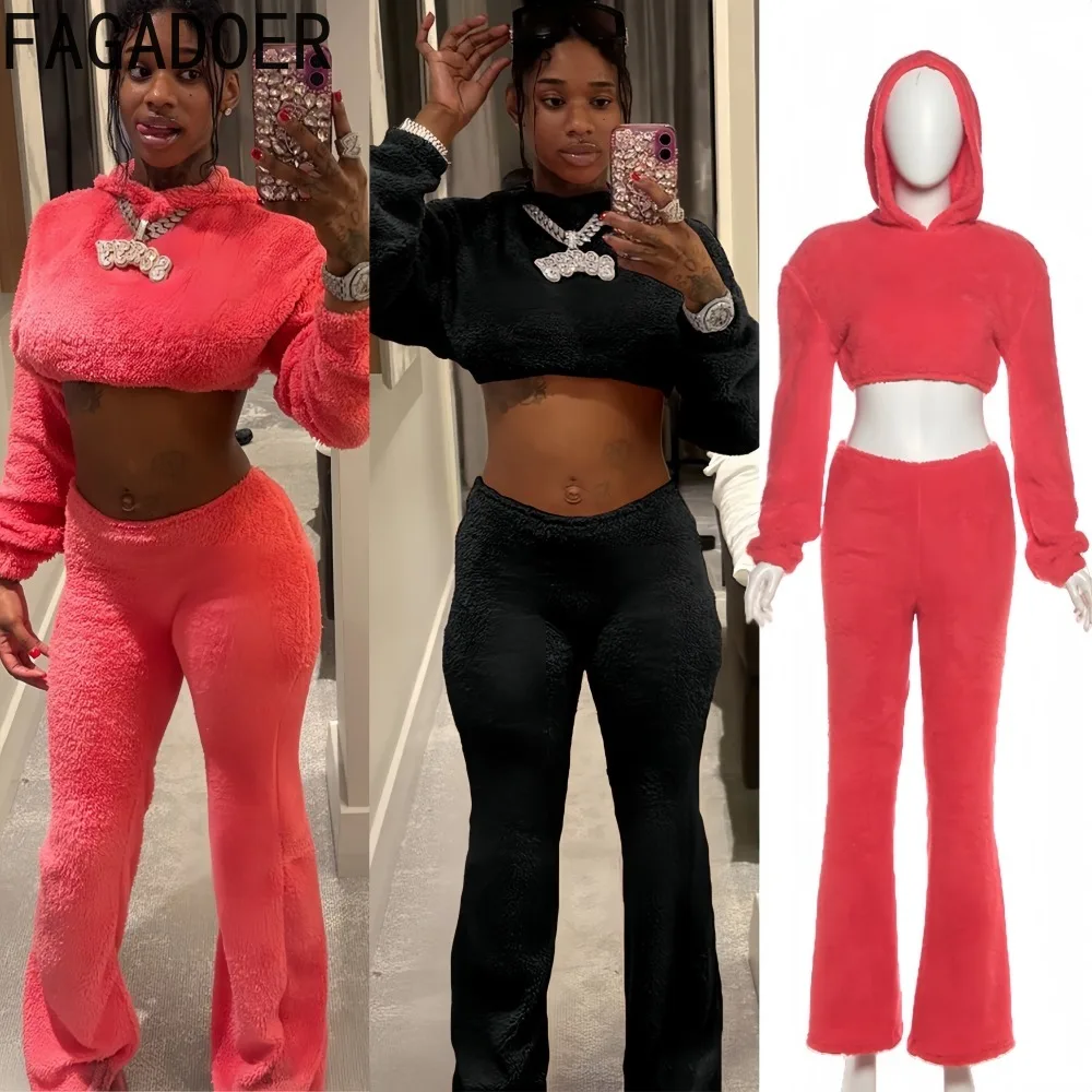 

FAGADOER Casual 2 Pieces Set for Woman Coral Pink Long Sleeve Crop Top + Skinny Pants Matching Female Streetwear Clothing New