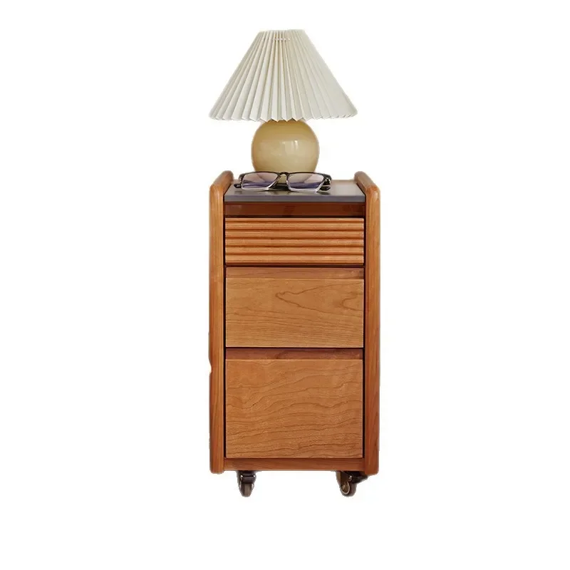 Nordic Cherry Wood Bedside Table with Wheels Solid Wood Nightstand Glass Storage Locker for Small Apartment Bedroom