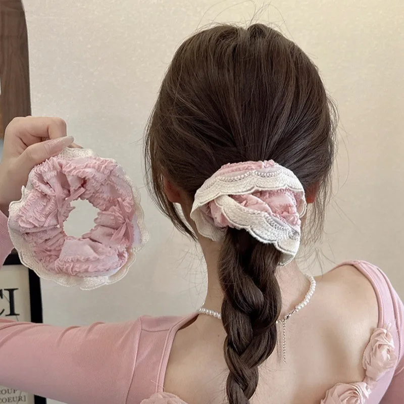 Korea Sweet Pink Girls Bow Pearl Scrunchie Headdress for Women 2024 Fashion Ribbon Lace Princess Exquisite Hair Band Accessories