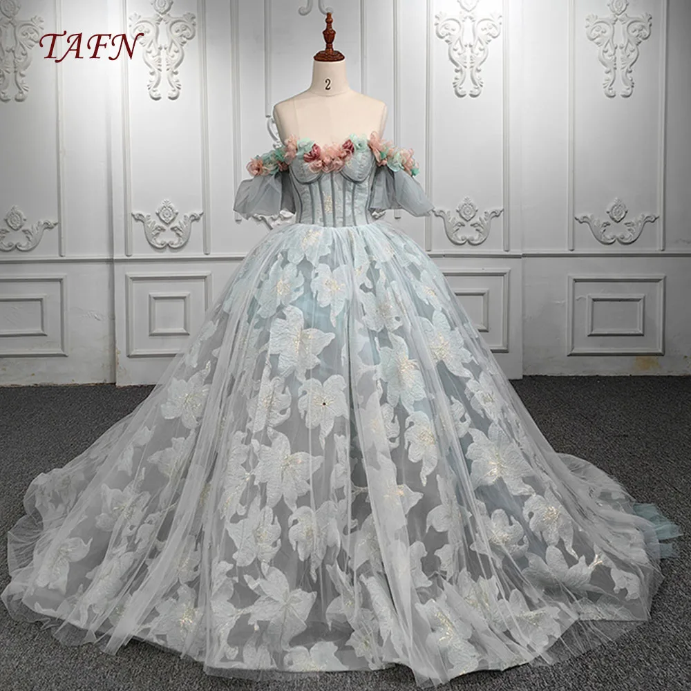 TAFN vestidos de 15 quinceañera Luxury Quinceanera Dresses Off the Shoulder Short Sleeves Handmade Flowers Sweep Train