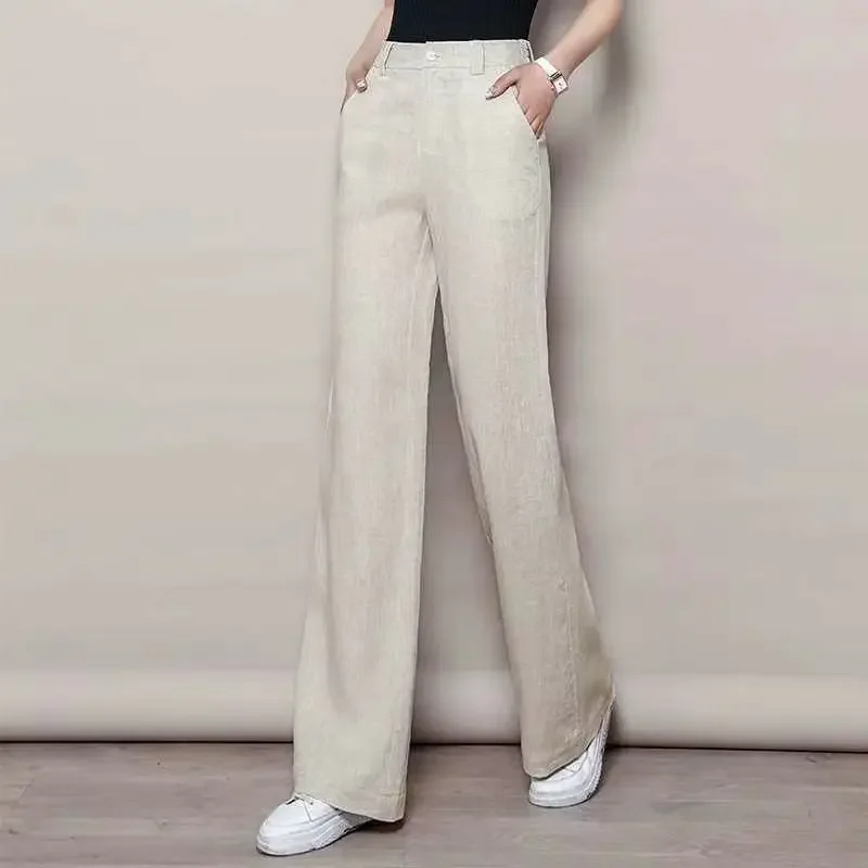 Pantalones de lino de 100 minutos para mujer, pantalones finos de pierna ancha de verano, pantalones de fregona de algodón y lino, pantalones drapeados de cintura alta, informales sueltos