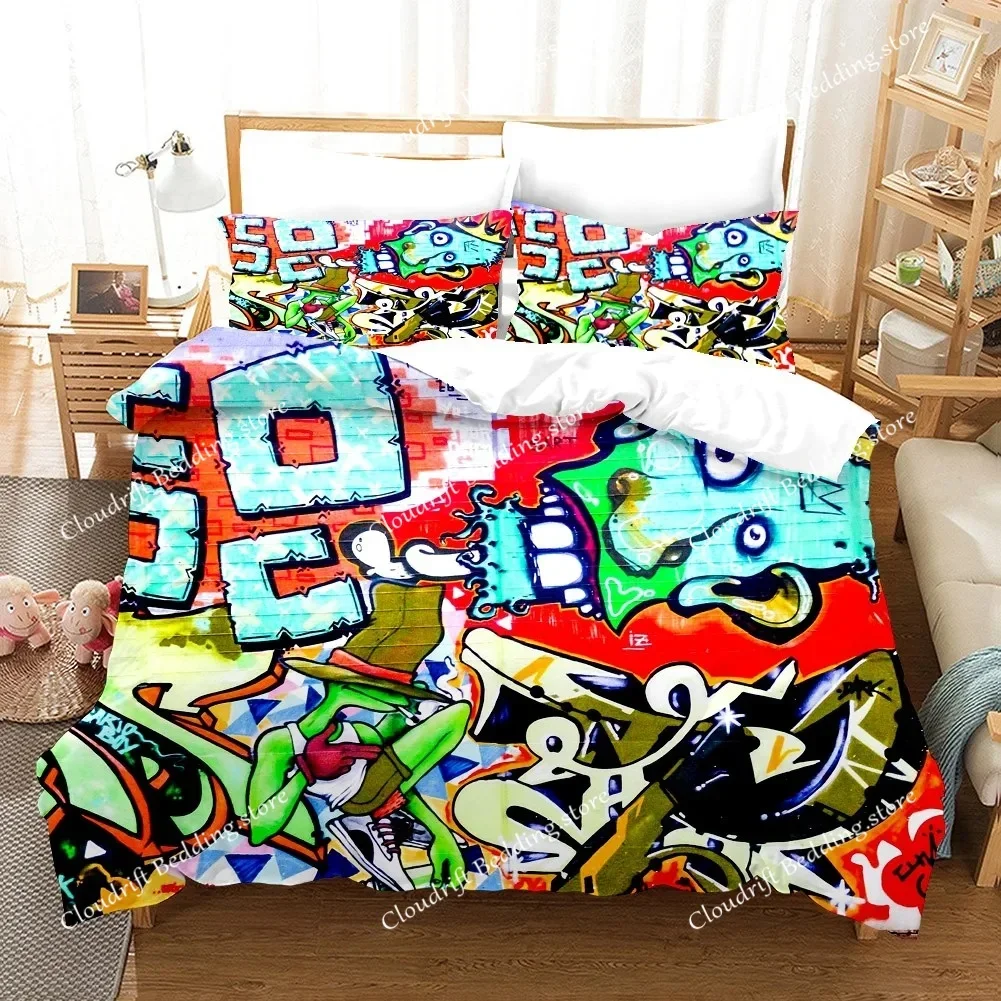Cartoon Style Hip-Hop Graffiti 3D Printed Duvet Cover Pillowcase Bedding Set, Teenagers Bedroom Decor Bed Kit，Single_Queen Size0