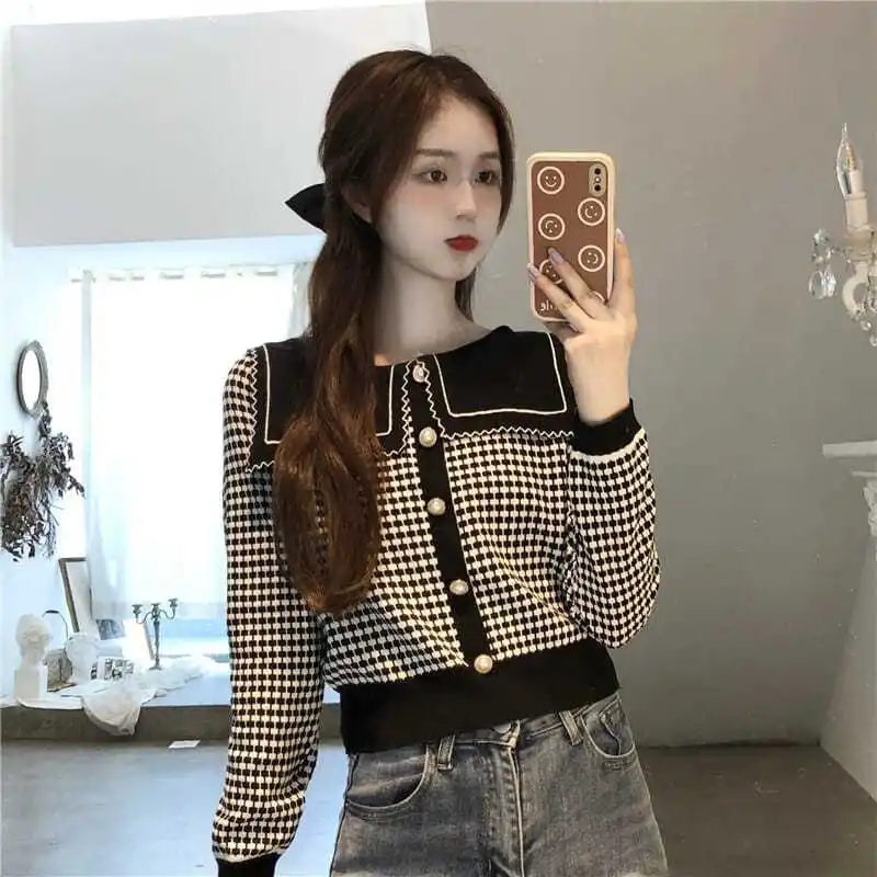 

Women Clothing Plaid Loose Short Knitting Pullovers Top Spring Autumn New Long Sleeve Patchwork Vintage Sweaters Fashion Trend