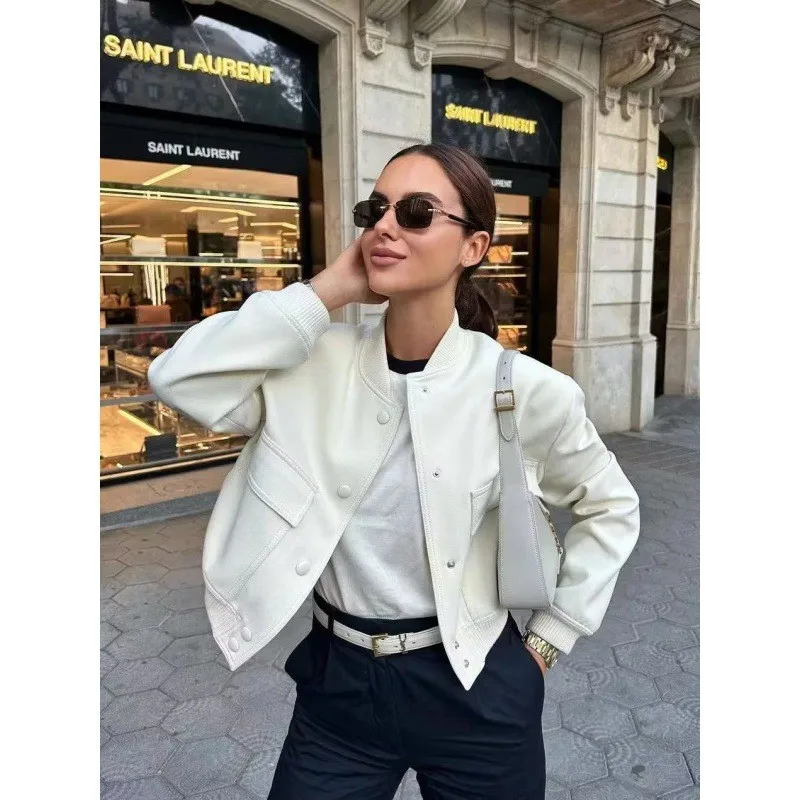 

Fashion Women Bomber Jacket Coat White Autumn Winter Button Baseball Aviator Cropped Jackets For Lady Long Sleeve Crop Outerwear