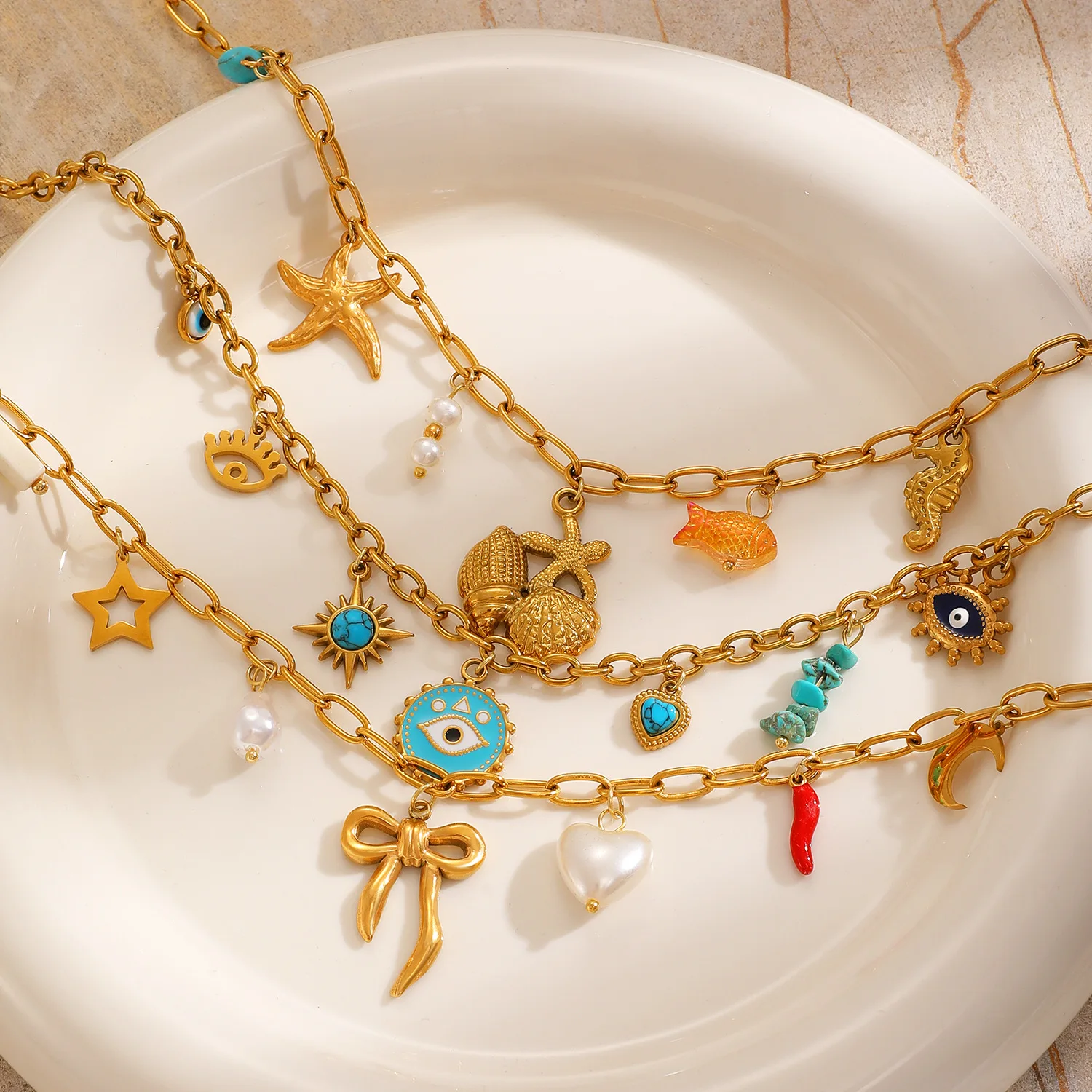 المرأة الشمس القمر القلب نجم البحر السلاحف نجمة القوس عين الشر المختنق مجوهرات البحر موضوع سحر قلادة طبقات متعددة نمط المحيط #2