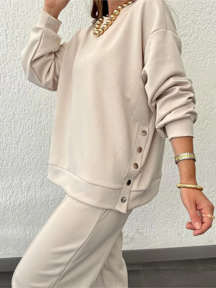 2025 outono inverno casual botão solto conjuntos de duas peças moda feminina novo o pescoço agasalho sweatshirts dividir topos calças compridas terno