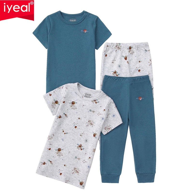 IYEAL Kids 2Pcs Space Planet Print Short Sleeve Pajamas, Baby Boys Girls Cotton Sleepwear Tops+Long Pants Home Clothes Set