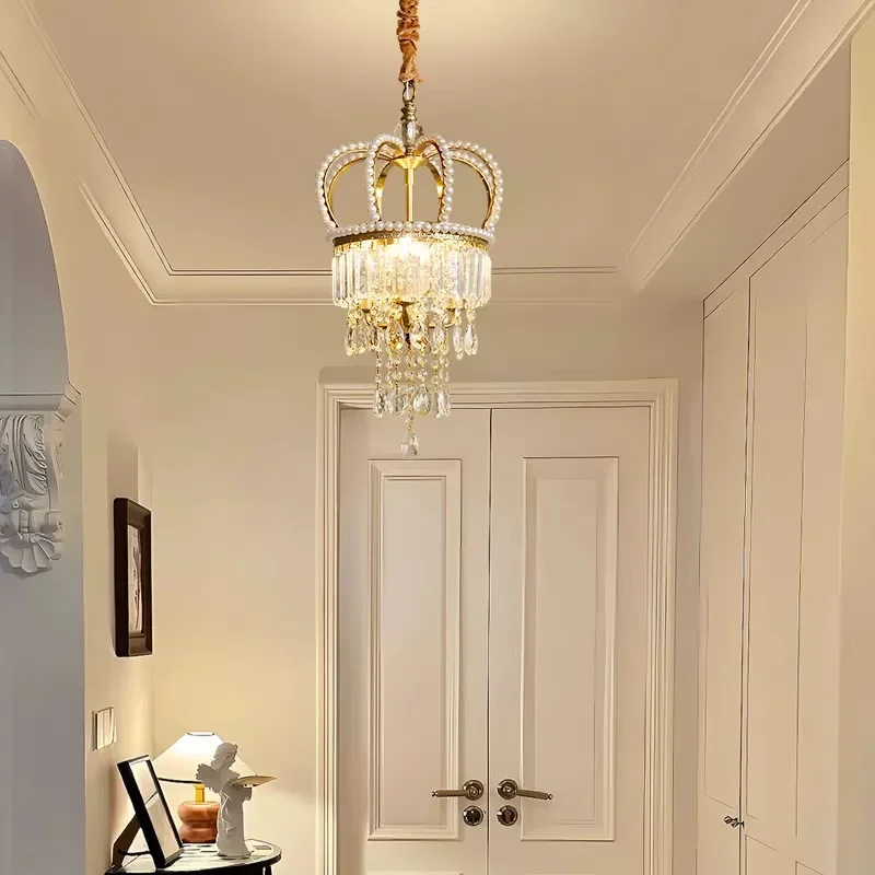 French Crystal Chandelier Retro Crown Pearl Lamp Luxury Bedroom Bedside Light Creative Entrance Corridor Aisle Ceiling