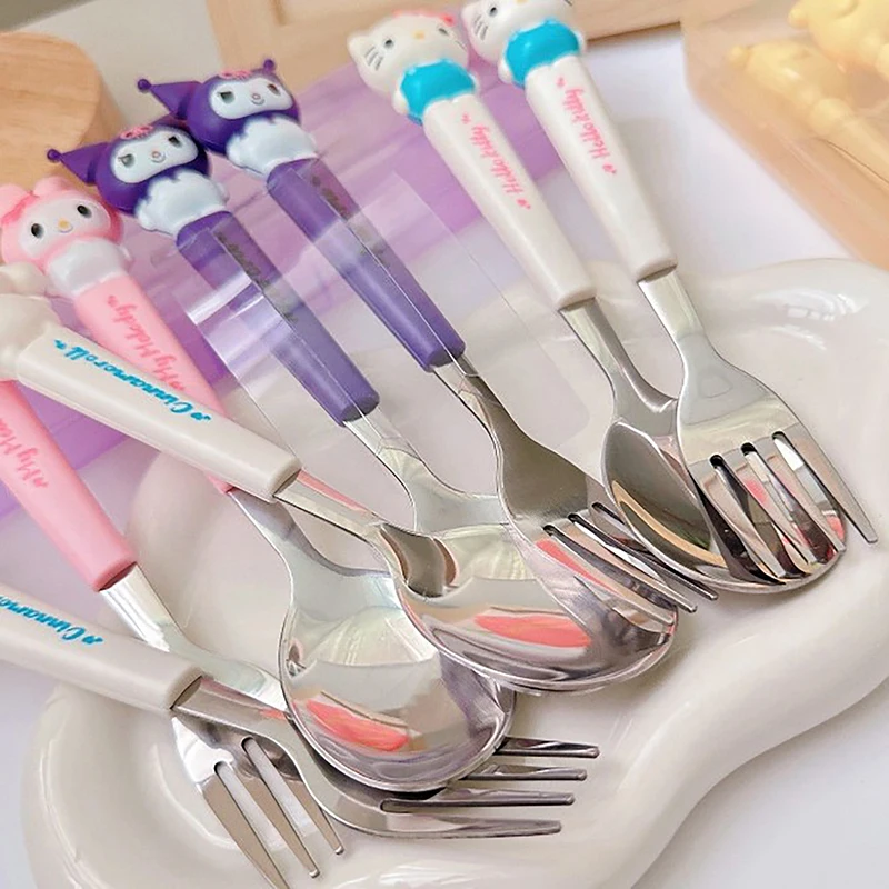 2Pcs Anime Sanrio Figure Stainless Steel Spoon Fork Hello Kitty Kuromi Melody Cartoon Cutlery Spoon Fork Tableware Box Kids Gift