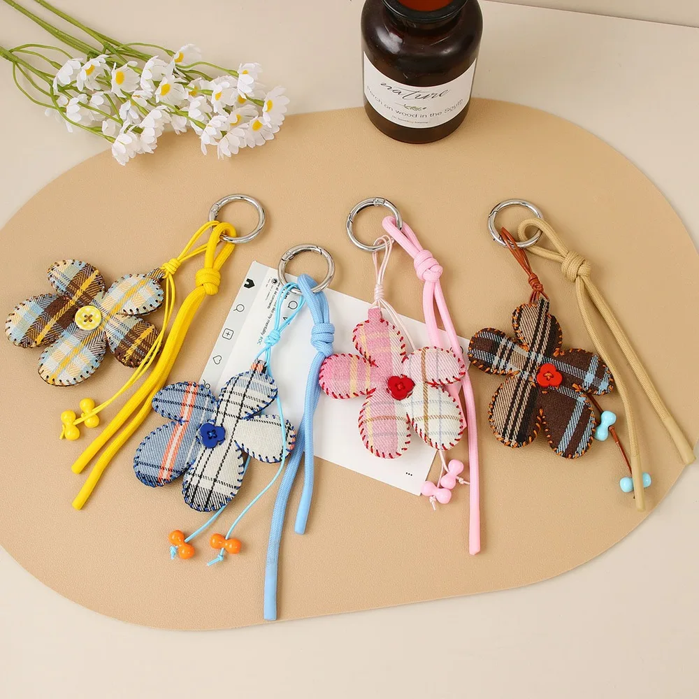 Flower Bag Charm Plaid Five Petal Long Cord Keychain Multicolor Cute Purse Handbag Backpack Tote Accessory For Women Girls Gift