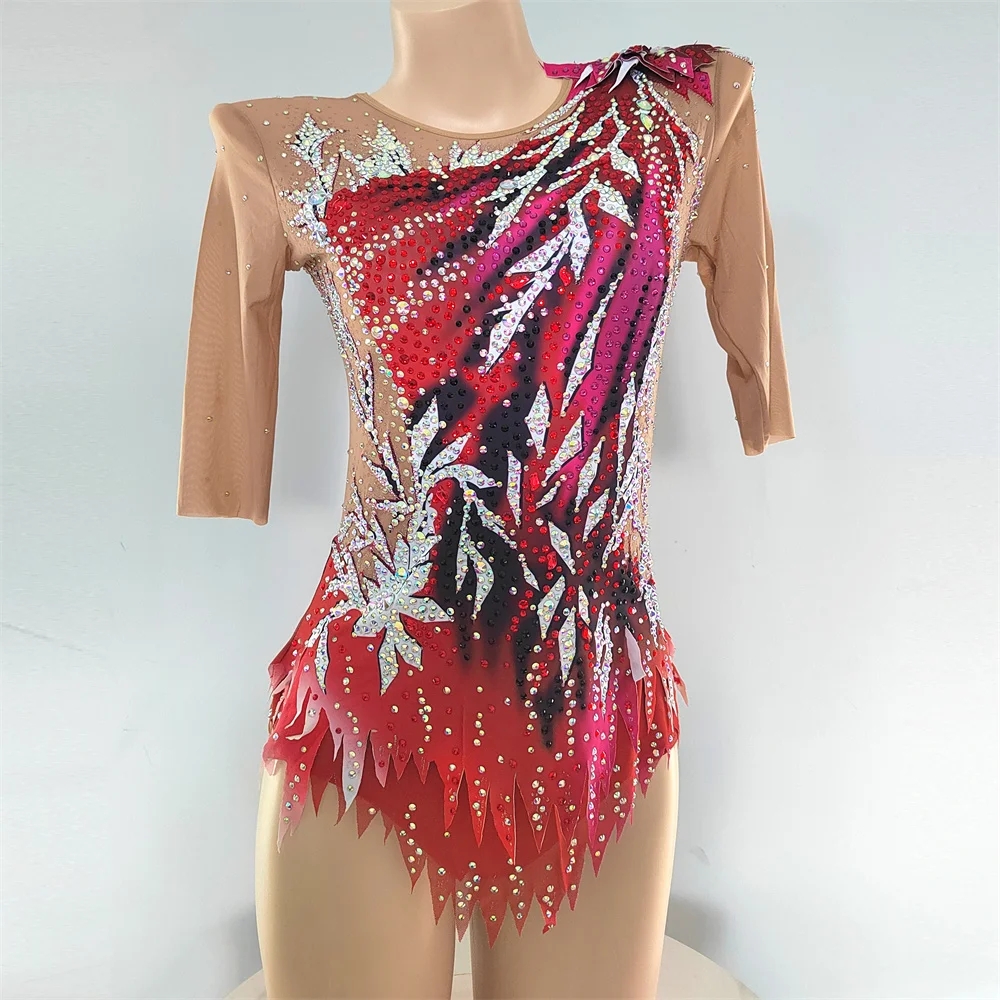 LIUHUO - Maillot de Gimnasia Rítmica Personalizado para Mujer, Niña y Adolescente, Disfraz Rojo para Competencia de Patinaje Artístico sobre Hielo, Mono de Manga Corta