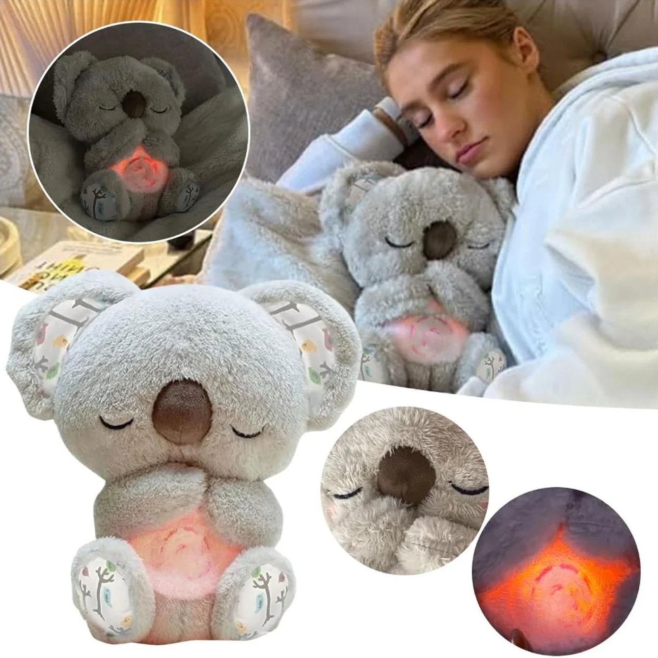 

Cuddly Koala Plush Sleep Aid with Soft Glow Night Light Calming Music and Simulated Breathing Comforting Bedtime Comfort Toys