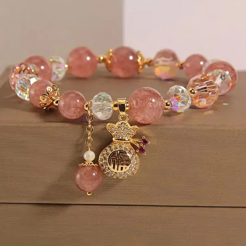 

Natural Strawberry Crystal Bracelet for Women's Niche High-end Money Bag With Charms Luck Crystal HandString for Girlfriend Gift