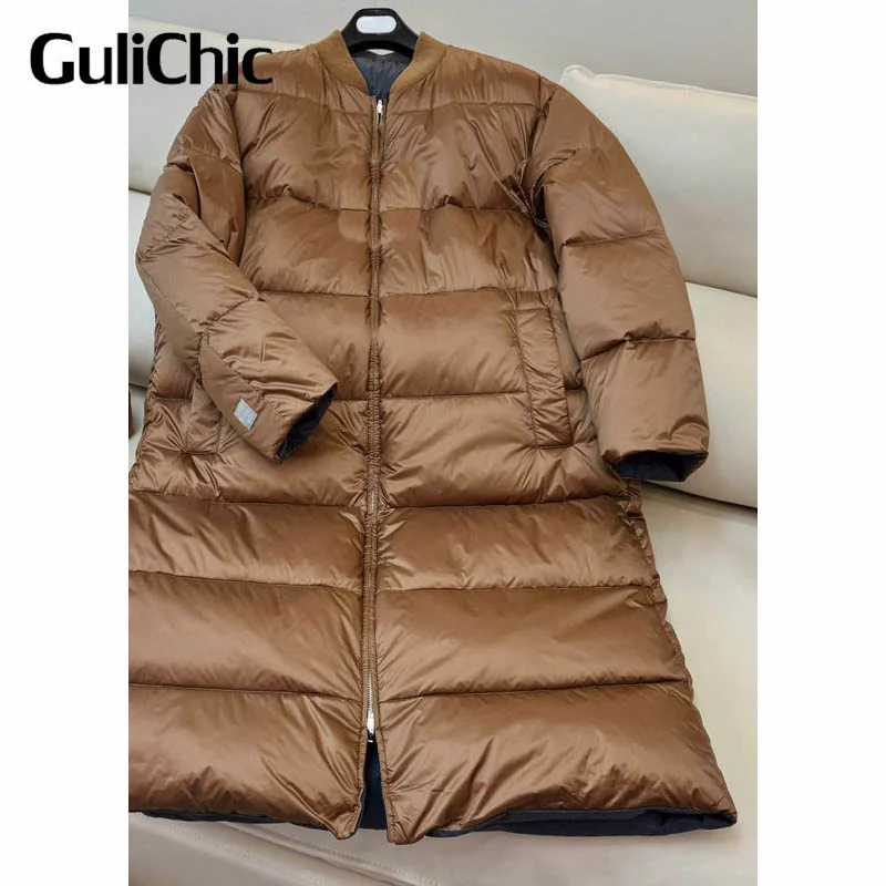 9.23 GuliChic Women 2024 Winter Thick Warm Long Down Jacket Rib Knit Stand Collar Zipper Long Sleeve Female Reversible Coat