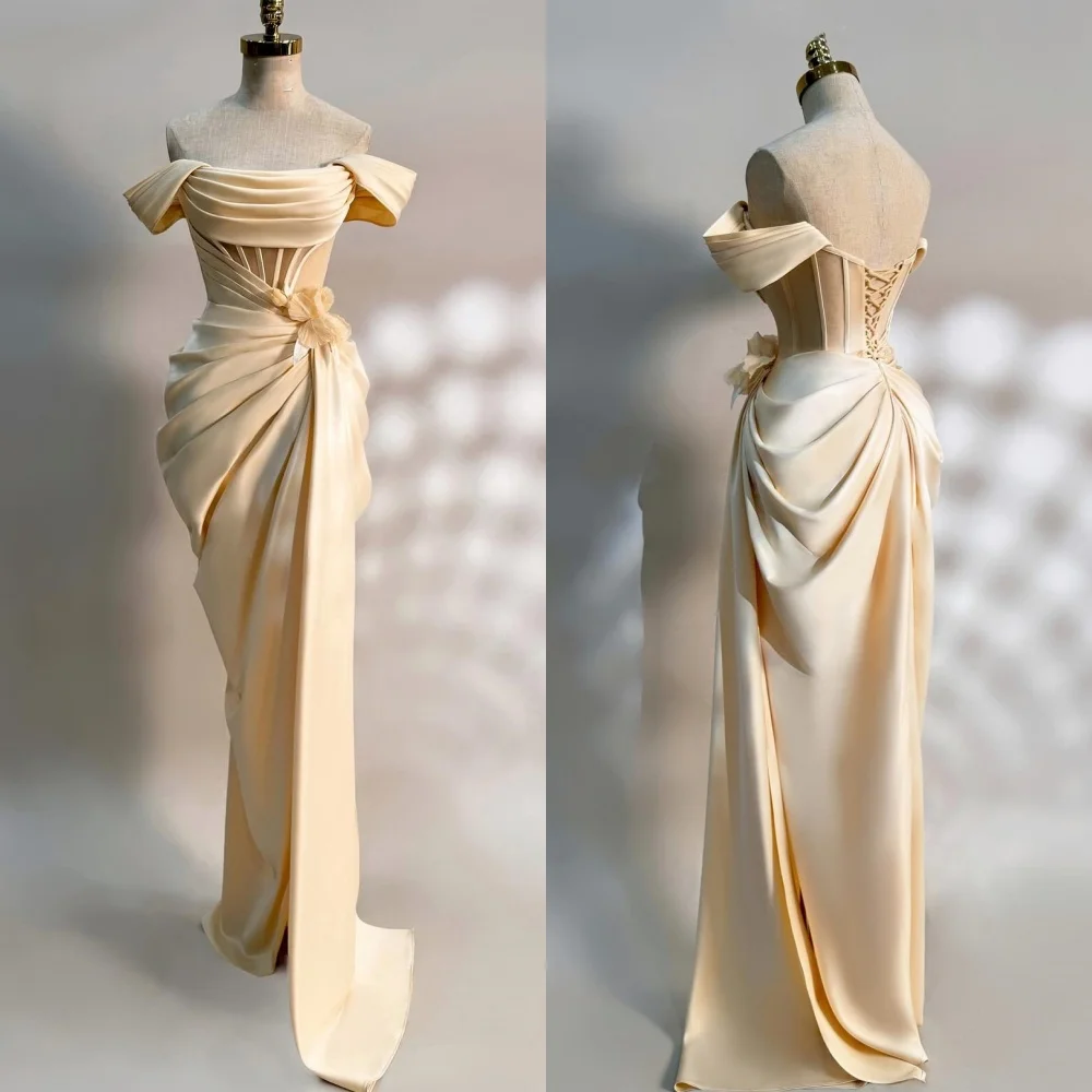 Customized Exquisite Satin Flower Draped Pleat Ruched Column Off-the-shoulder Strapless Long Dresses Cocktail Dresses Classic Mo