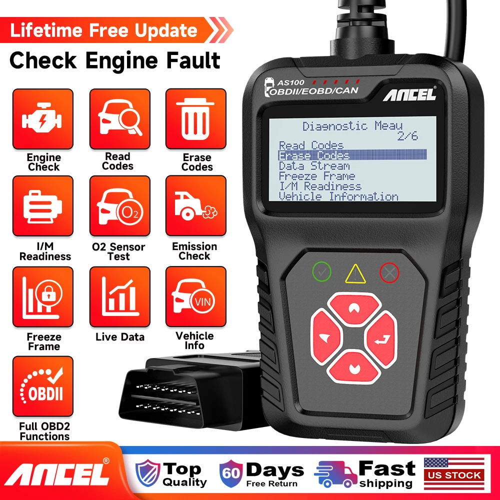 

ANCEL AS100 OBD2 Scanner Vehicle Code Reader Check Engine Light Fault Reader Full EOBD/OBDII/CAN Diagnostic Scan Tool 2.4 inch