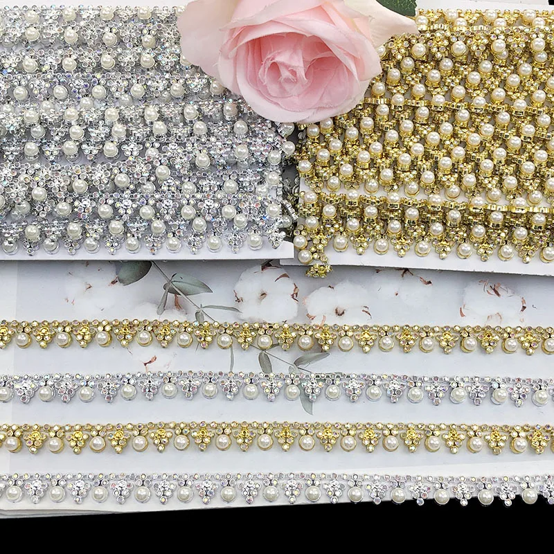 8 Yards 1.3cm Wide Floral Pearl Rhinestone Trim Chain AB Crystal Lace For Bridal Veil Formal Prom Dress Handmade Jewelry Making