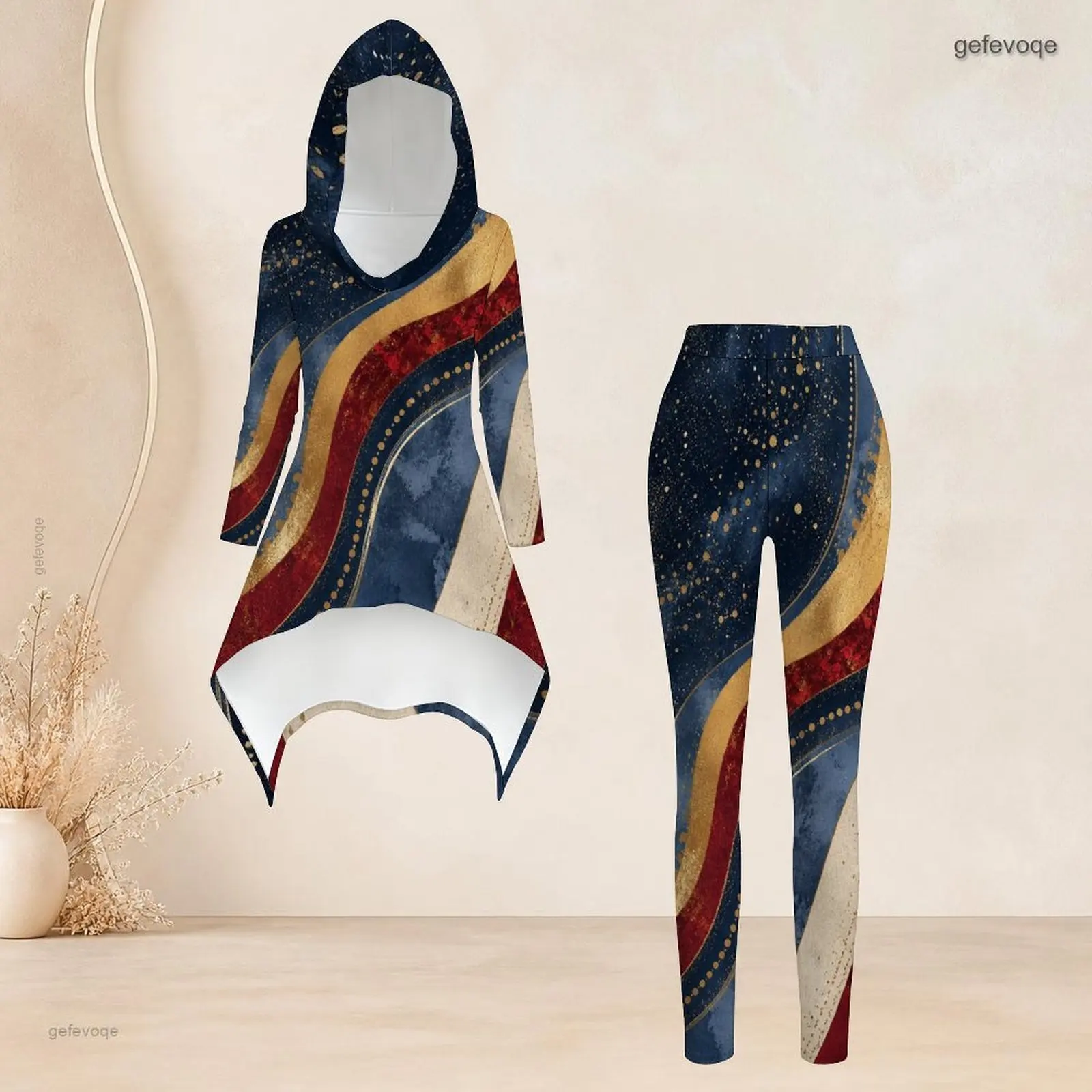 Women Abstract Wavy Stripe Gold Speckle Printed Hooded Top and Fitted Leggings 2 Piece Set