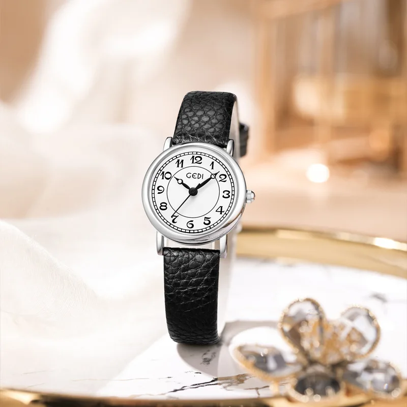 2024 New Fashion Gedi Top Brand Women's Gift Leather Belt Bracelet Analog Quartz Clock Minority Watches Simple Faux Reloj Mujer