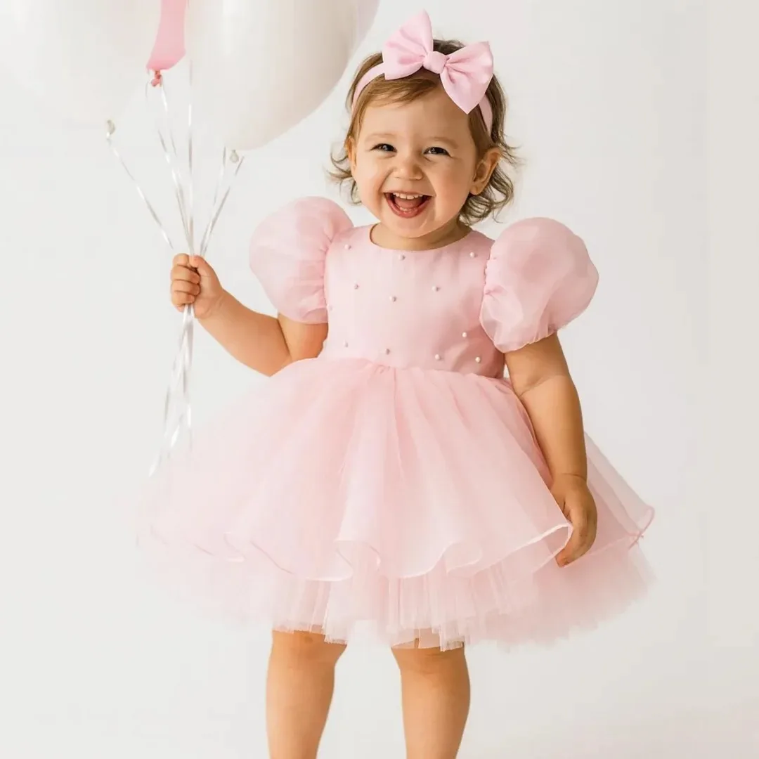 Custom Flower Girl Dress Pink Tulle Pearl Bow Short Sleeve Wedding Birthday Party