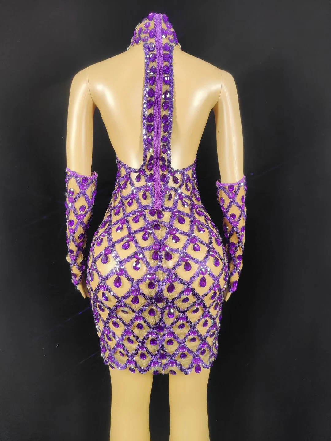 Sparkly Purple Crystals Sleeveless Women Birthday Mesh Dresses Celebrate Evening Prom Party Dress Drag Queen Outfit Shaokaojia