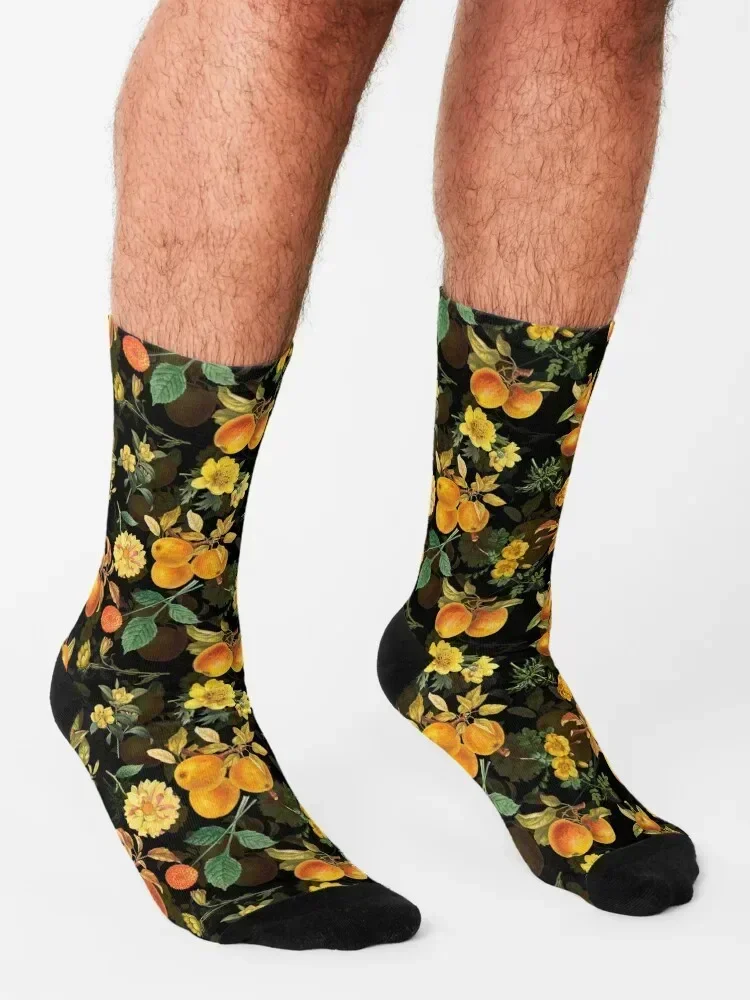 Vintage Flowers and Golden Apples on black Socks Running Children's fashionable loose Socks Women Men's