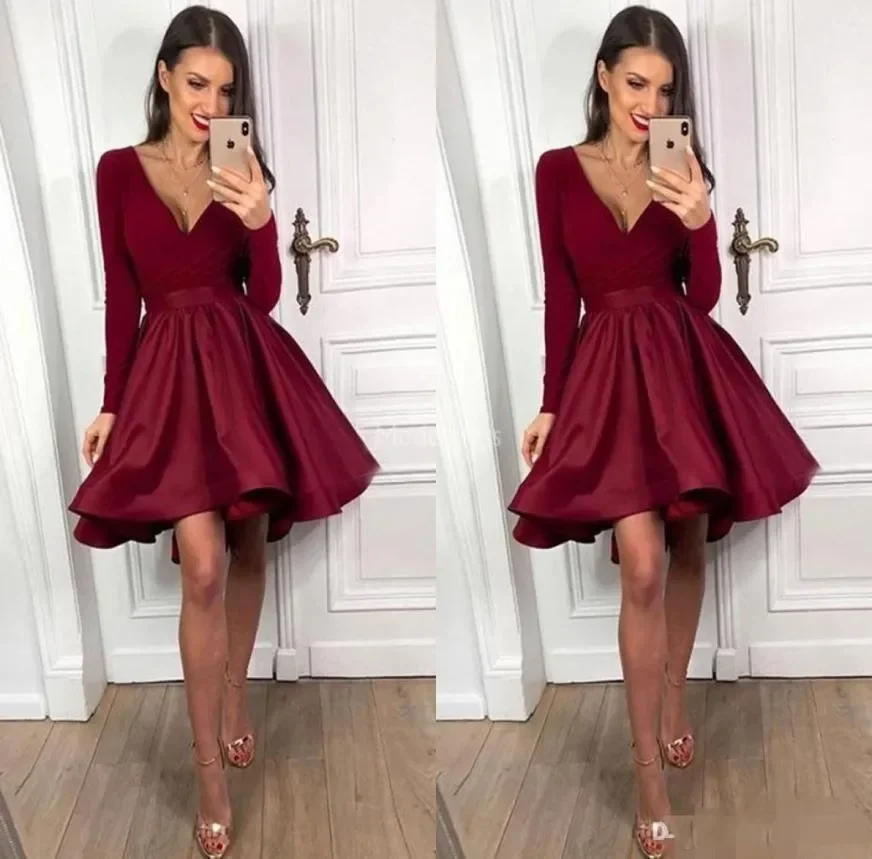 New simple evening dress Long sleeve sexy deep V-neck satin pleated short ball dress Formal occasion wear cocktail party