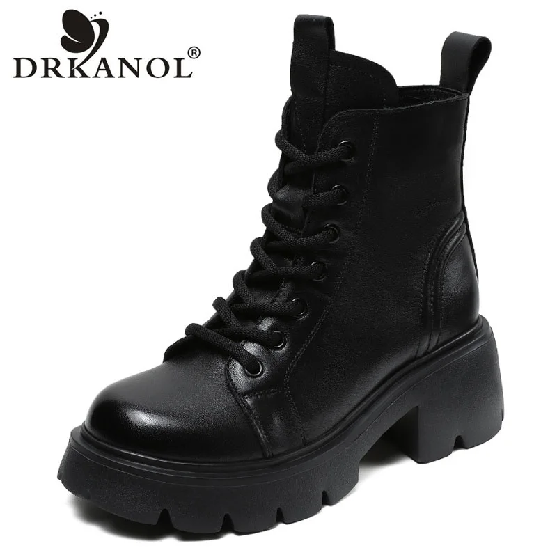 DRKANOL Luxury Design Full Cow Leather High Heel Boots Women Winter Chunky Platform Retro Handmade Warm Cotton Ankle Boots Black