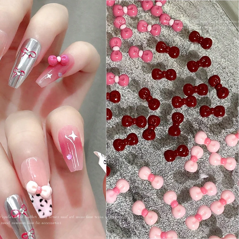 12 Grids Kawaii Red Pink Bow Nail Charms Cartoon Flatback Resin Ribbon Bowknot Rhinestones Mini Korean DIY Manicure Decorations