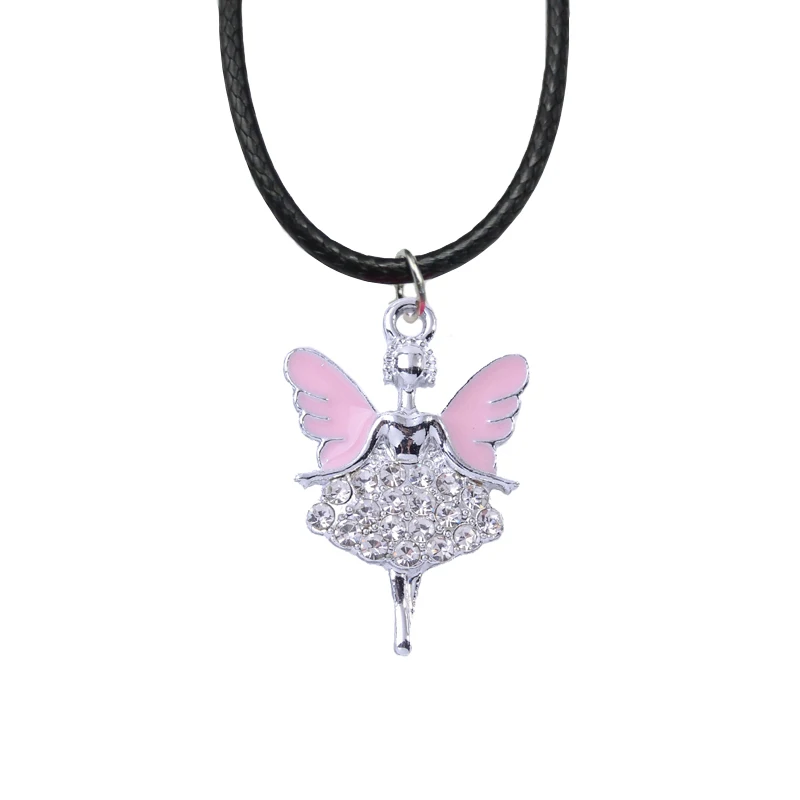 New Pink Angel Wing Dancing Girl Crystal Pendant Necklace 45+5cm PU Leather Wax Line Clavicle Collar Fashion Accessory Wholesale