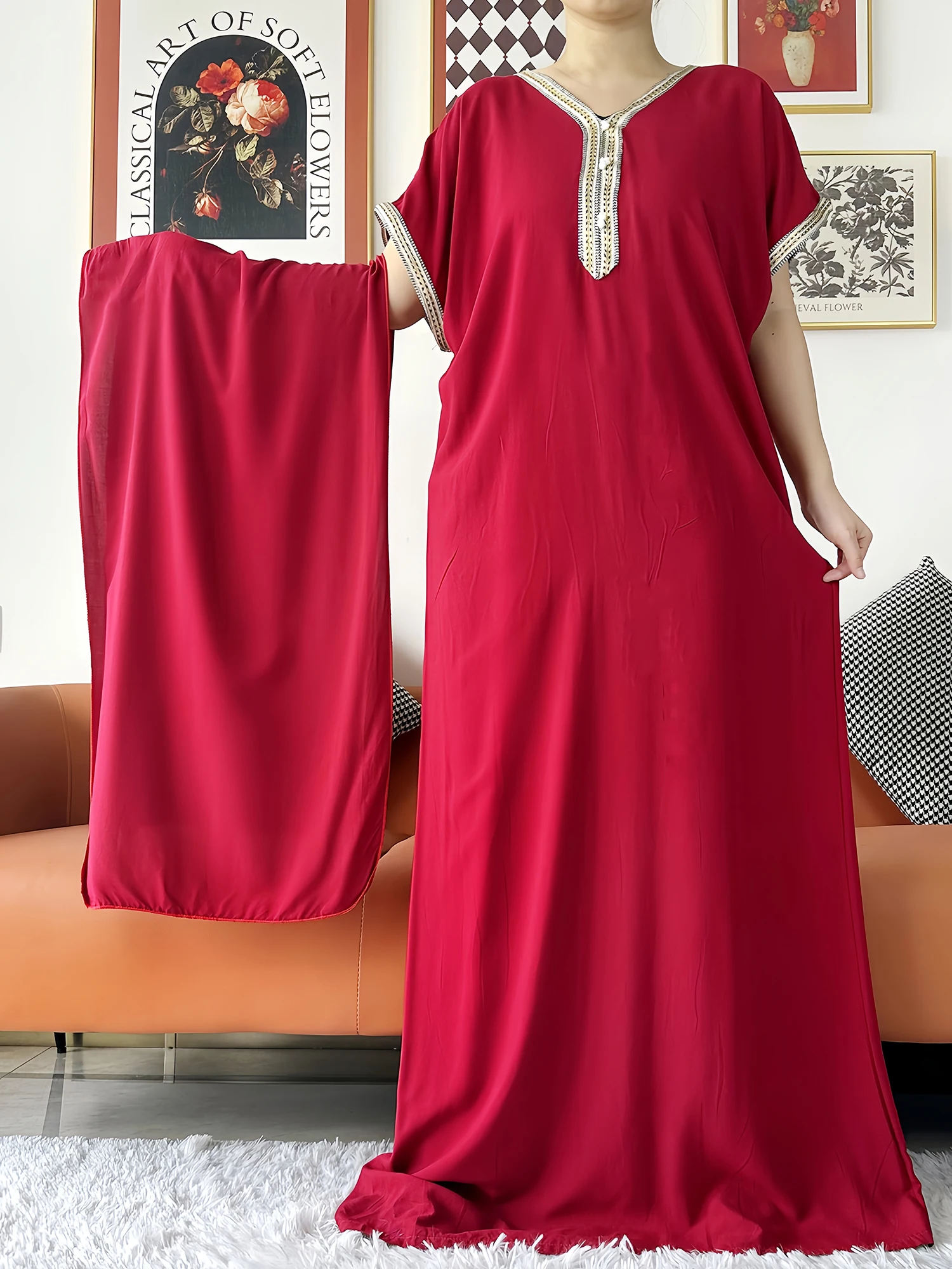 2024 Muslim Caftan Traditional short sleeve Dress Solid Cotton kaftan Beach Summer Abaya African dresses for women